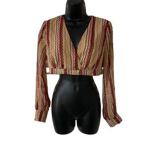 Papaya crop top  M Red and tan  Stripe deep v 100% polyester